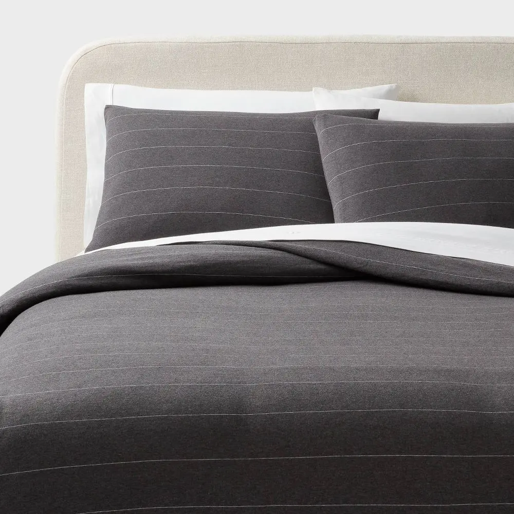 Threshold Modern 100% Cotton Lightweight Jersey Bedding Set, Dark Striped Duvet and Sham Set, Solid Color Match, Tumble Dry Ready