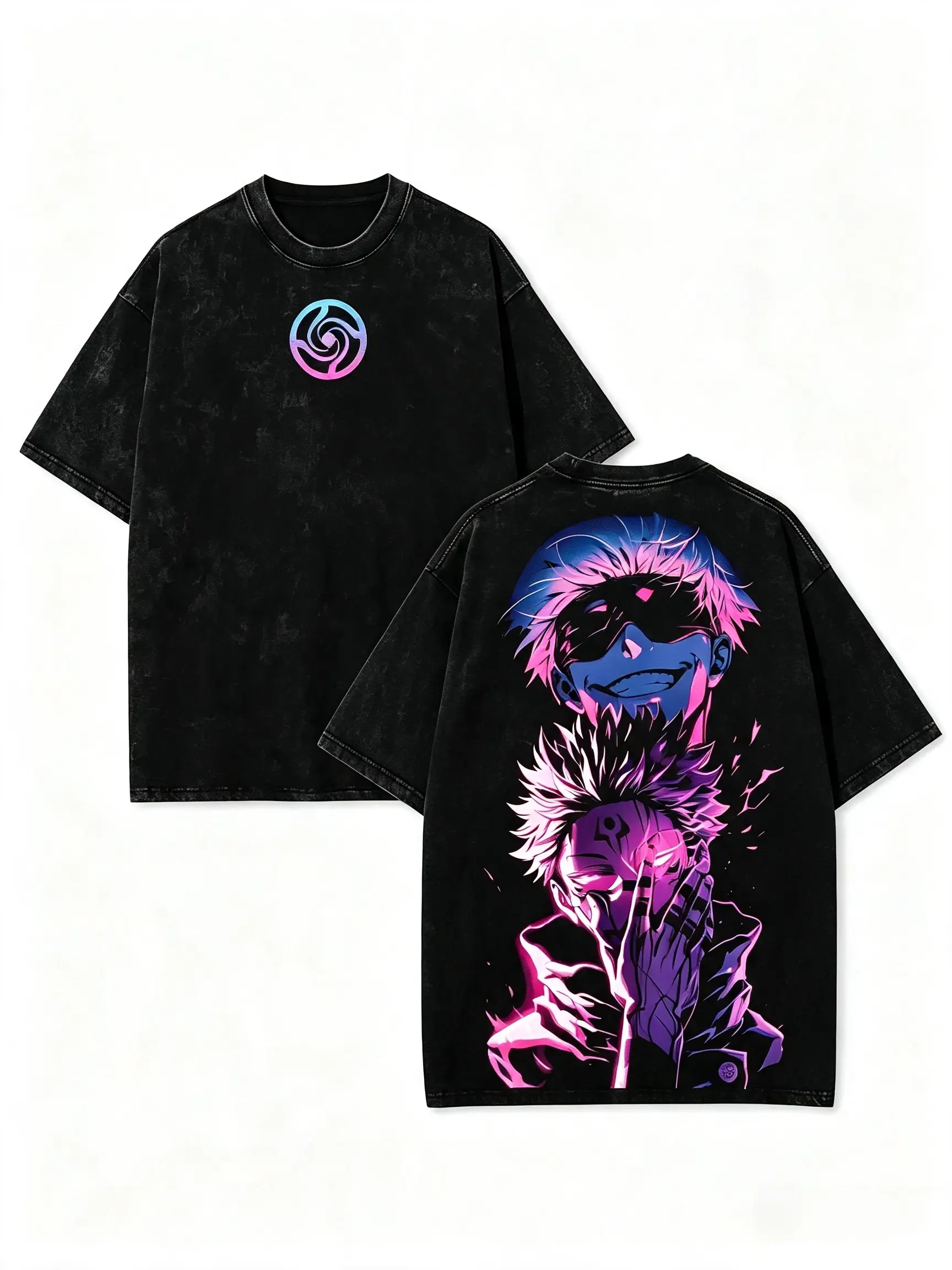 Men's Oversized Unisex Vintage Acid Wash Textured Double-Sided Anime Graphic T-Shirt - Neon Satoru & Ryomen Sukuna Print, Street Style, Comfy, Breathable Shortsleeve Crewneck, Cargo-Inspired Vibe, Gift Tee