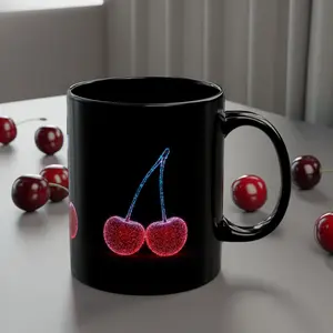 Cherry Art Black Mug – Stylish Red Cherry Design on Glossy Ceramic – Looks Like It Glows but Doesn’t – Unique Fruit Coffee Cup Gift in 11oz