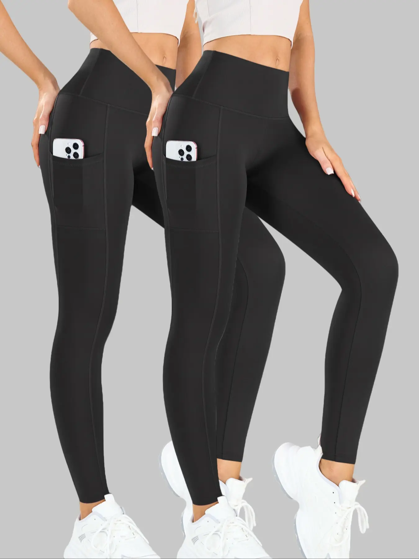 2PCS  Square Pockets Women's Solid Stretchy High Waist Sporty Yoga Pants Sports Bottoms Fitness Bottoms Tight-Fitting Design for All Seasons, Comfortable & Stylish Workout Solid Color Leggings