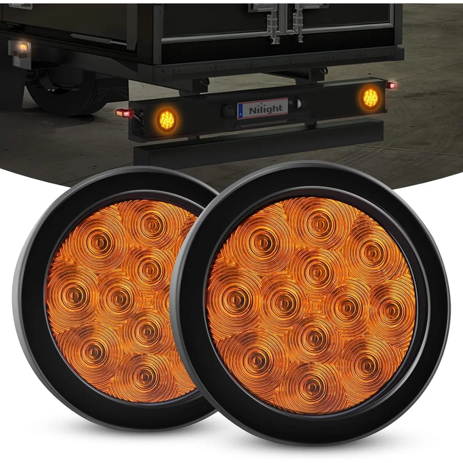 Nilight 2Pcs 4In Round LED Tail Lights Assembly - 12LED, Silicone, Corded, Amber High Brightness Dimmable Turn Signals, Surface Mount Plug Grommet, IP67 Waterproof, 12V DC System, Dual Brightness, for Special Vehicles Semi-Trailers, Rear Taillights, Tract