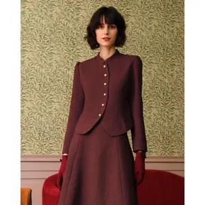 Burgundy Retro Single-breasted Tweed Jacket Burgundy Retro Single-breasted Tweed Jacket