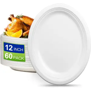 Oval Compostable Paper Plates 60 Pack, Large 12 inch,  Disposable Dinner Plates, Heavy Duty, White