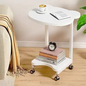 Panda Shaped End Table Round,C Shaped Couch Tray End Tables,Sofa Side Tables with Wheels, C Shaped Side Table for Living Room,Bedroom,Hospital and Small Space,White & Black, Portable Mobile Desk Side