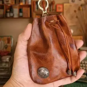 American Vintage Leather Drawstring Bag, Mini Portable Durable Coin Pouch, Outdoor Key and Coin Holder, Small Fabric Bag for Travel