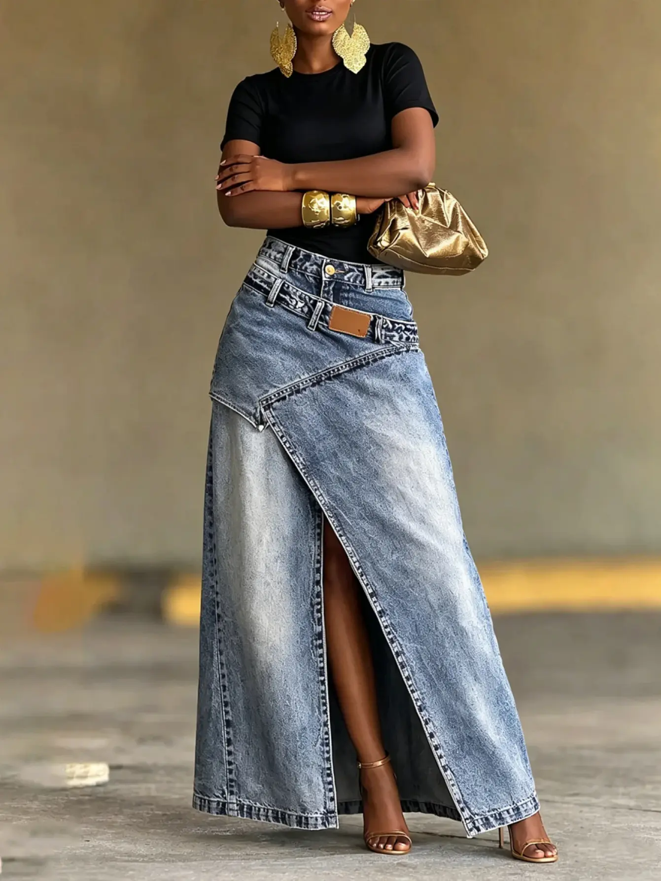 Women's Vintage-Washed High-Waist Fitted Comfortable Denim Midi Skirt - Irregular Spliced Slit Design, Women's Bottom Suitable for Spring, Summer, Autumn