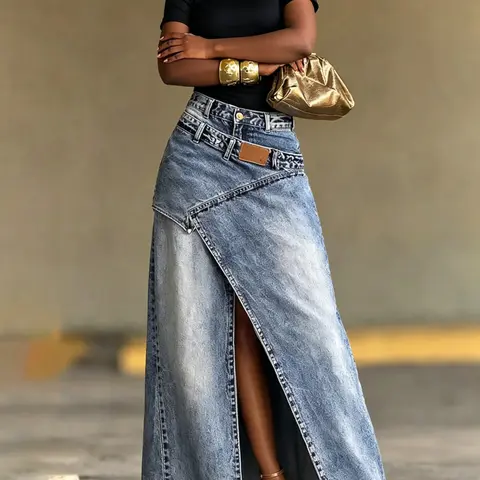Women's Vintage-Washed High-Waist Fitted Jean Split Hem Midi Skirt - Irregular Slit, Spliced Design, All-Season Comfortable Washed Out Women's Bottom for Spring, Summer, Split Hem Skirt, Jean Skirt