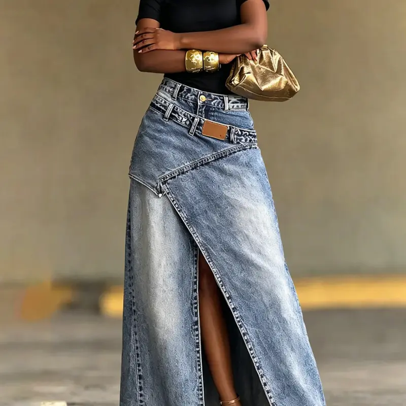 Women's Vintage-Washed High-Waist Fitted Jean Split Hem Midi Skirt - Irregular Slit, Spliced Design, All-Season Comfortable Washed Out Women's Bottom for Spring, Summer, Split Hem Skirt, Jean Skirt