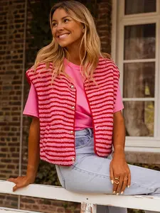 Casual women's vest, pink striped/heart pattern buttoned sleeveless cute jacket, Vacation Vest，Spring Fall Fashion Layering Gilet for Daily Wear