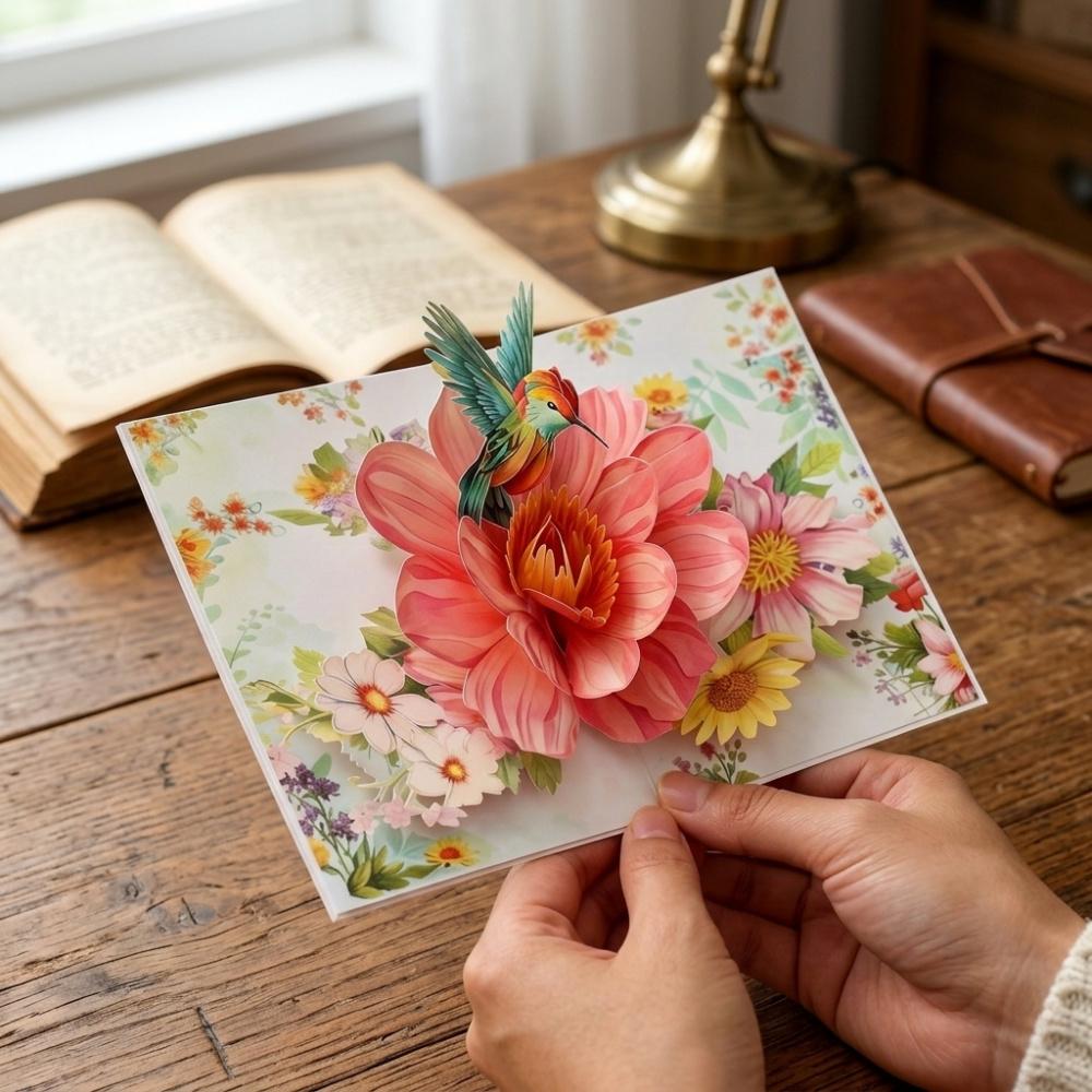 3D Pop Up Greeting Card, Handcrafted Hummingbird & Flower Popup Card for Birthday, Mother's Day, Anniversary, All Occasion Keepsake Card with Envelope
