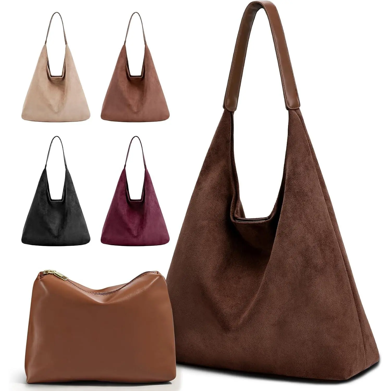 2- Vegan Leather Purse Set for Women: Slouchy Hobo  Bag & Suede Tote Bag