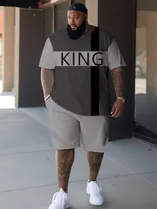 Men's Plus Size Summer Short Sleeve T-Shirt and Shorts Set, Casual Fashion with King Letter Print, Geometric Pattern for All Seasons