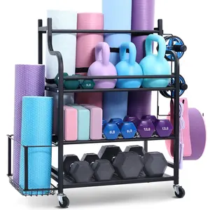 VEVOR Yoga Mat Storage Rack, Home Gym Workout Equipment Organizer, Powder Coated Finish Steel Yoga Mat Holder with Hooks & Wheels, Weight Rack for Dumbbell, Kettlebell, Foam Roller, and Yoga StrapSummervibes
