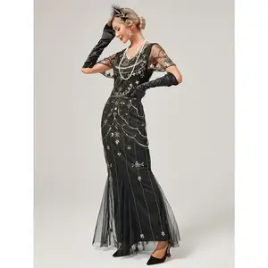 1920s Gatsby-Inspired Sequined Flapper Dress with Tassel Detail - Vintage Beaded Party & Banquet Gown for Women - Hand Wash/Dry Clean - Perfect for Themed Parties & Special Occasions - Ideal Gift for Women Womenswear Formal Green Black