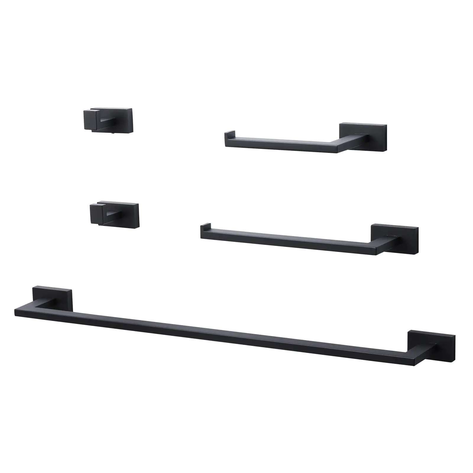 WOWOW 5-Piece Square Stainless Steel Bathroom Hardware Set - Matte Black, Rust/Staining-Resistant, Home Decor, Hidden Mounting, 2 Towel Bars, 2 Hooks, Toilet Paper Holder, Minimalist Complete Bathroom Storage Solution, Space-Saving for Small Powder Rooms,