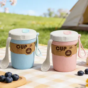 SICANDAENHK Enjoy warm meals on the go with these 2PCS 300ml wheat straw soup cups!Microwave-safe, portable, and come with spoons-perfect for porridge, breakfast, and lunch at the office, outdoor trips, or travel.Cute blue & pink design for daily