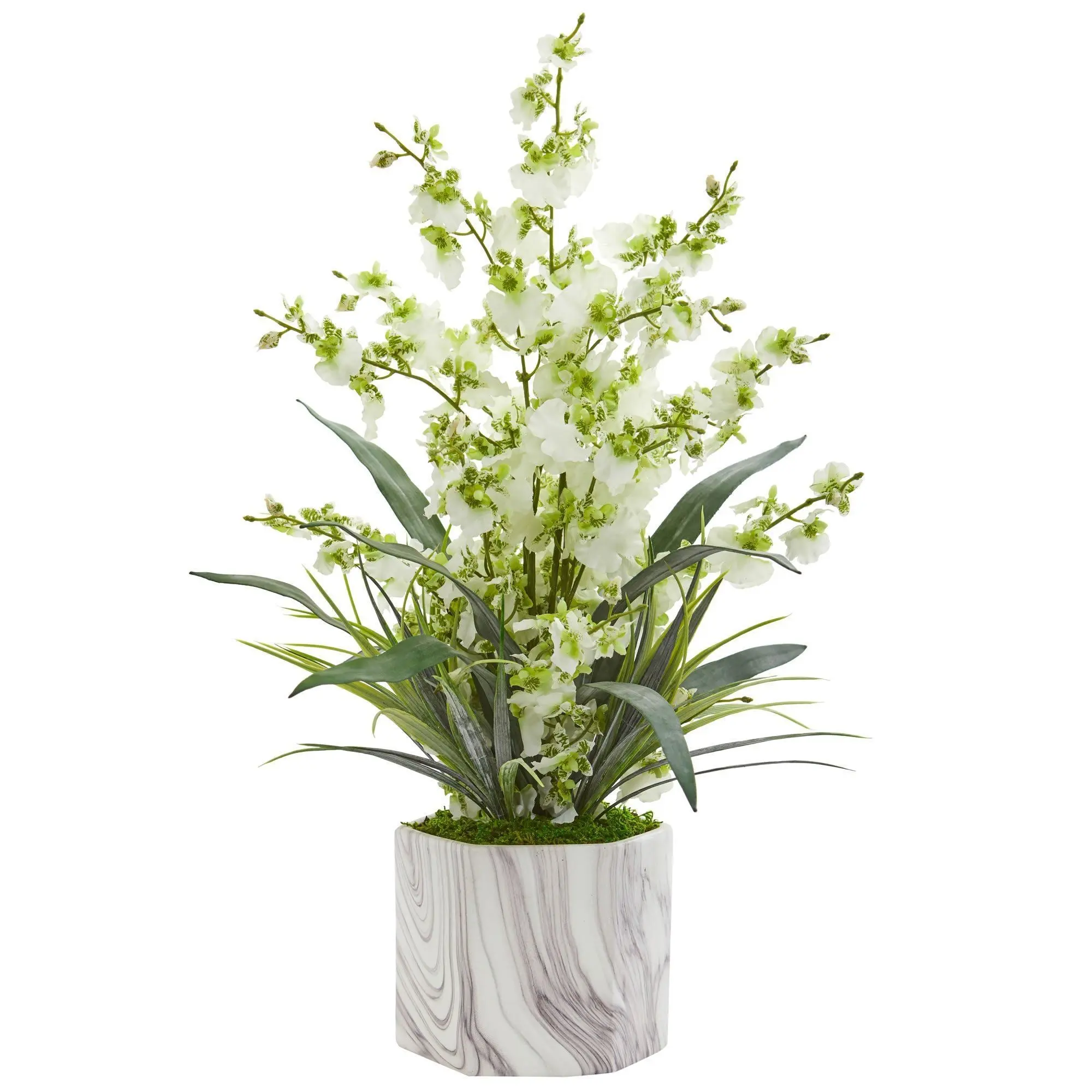 Artificial Dancing Lady Orchid Arrangement - Decorative Vibrant Blooms in Marble Vase, Gorgeous Décor Piece for Foyer Console Table & Home Table Centerpiece