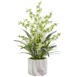 Artificial Dancing Lady Orchid Arrangement - Decorative Vibrant Blooms in Marble Vase, Gorgeous Décor Piece for Foyer Console Table & Home Table Centerpiece