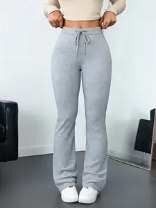 Women's High-Waisted Drawstring Flared Pants, Slim Fit Knit Casual Sweatpants, Long Regular Length, All Season Wear