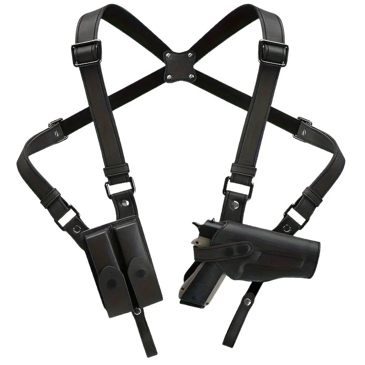 Genuine Leather Vertical Shoulder Holster for Concealed Carry, Underarm Rig with Dual Magazine Pouch, Functional Shoulder Wear, Abs, Brown, Dual Pouches, Outdoor Sports