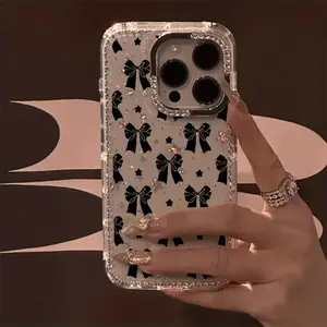 Black bow pattern, rhinestone laser embellishment, silver rhinestone-studded frame, non-slip and drop-proof protective case, compatible with iPhone 17, 16, 15, 14, 13, 12 and other models, makes a great gift for friends or family.