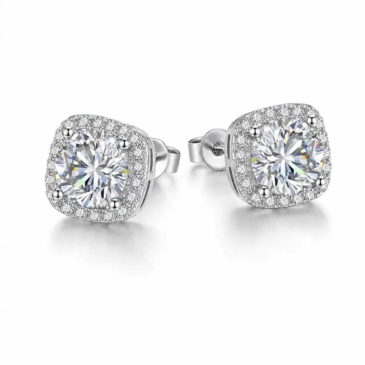 [S925 Sterling Silver] Minimalist Square Halo Cubic Zirconia Stud Earrings for Women, Unisex Sparkle Lightweight Comfortable Daily Office Wear Earrings