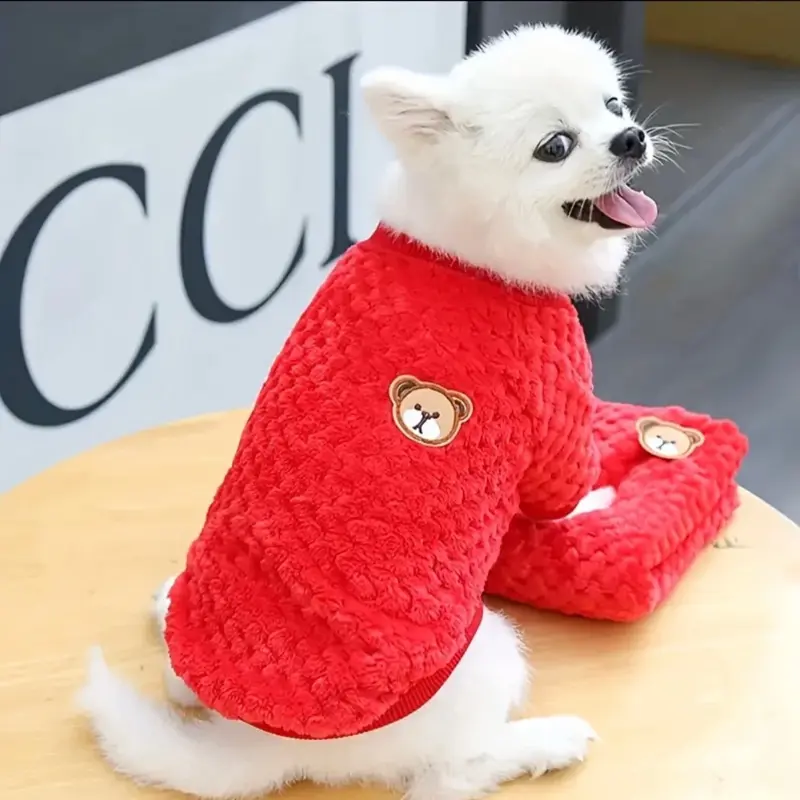 Beige Soft Knit Pet Sweater for Small to Medium Dogs & Cats - Adorable Bear Face Pattern, Cozy Polyester, Machine Washable, Classic Style Dog Apparel