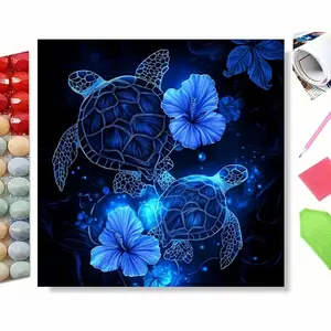 5D Diamond Painting Kit - Tropical Blue Sea Turtles with Hibiscus Accents | Full Round Drill DIY Art Wall Art Painting for Timeless Home Decor | Exquisite Coastal Craft Gift for Adults