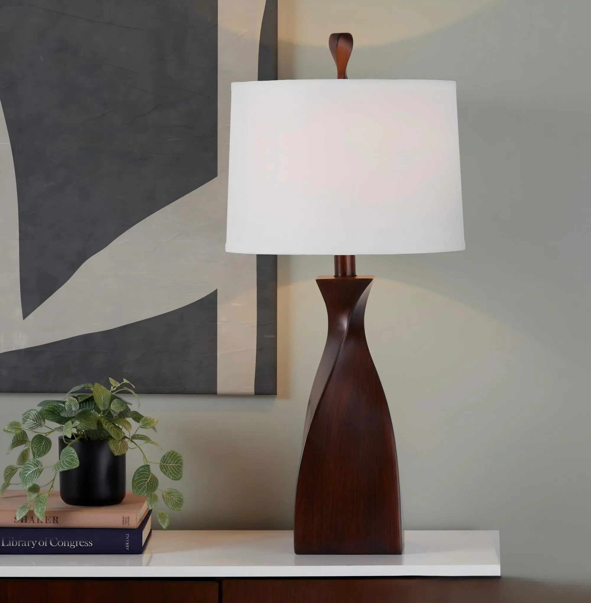 Set of 2 Contemporary Table Lamps, 30" Polyresin with Copper Bronze Finish and Natural Linen Shades