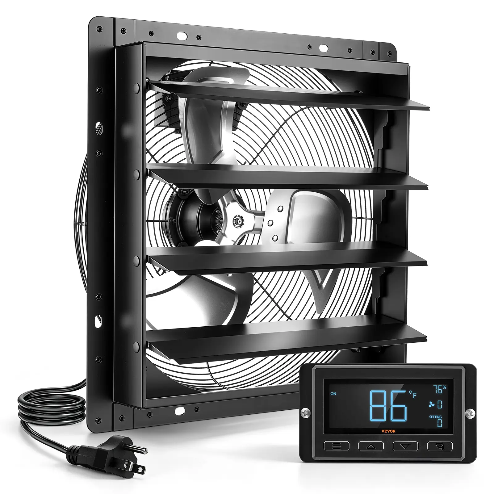 VEVOR 16-in Wall-Mounted Louvered Ventilation Fan with EC Motor, Steel Housing, Auto Temp & Humidity Control, Ventilation System for Attic, Garage, Black, Auto Control#BacktoSchool