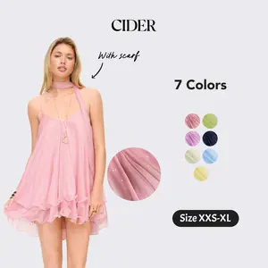 Cider Sequin V-Neck Halter Ruffled Hem Oversized Mini Dress With Scarf Summer Casual