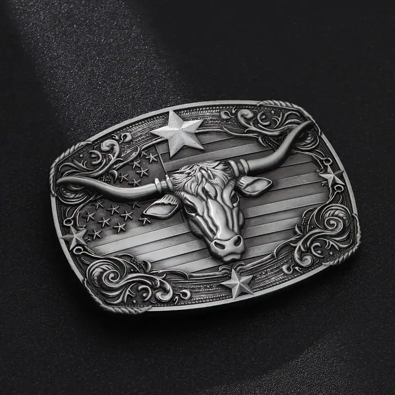 American Flag Bull Western Belt Buckle with Antique Finish – Classic Southwest Style for Cowboys and Cowgirls