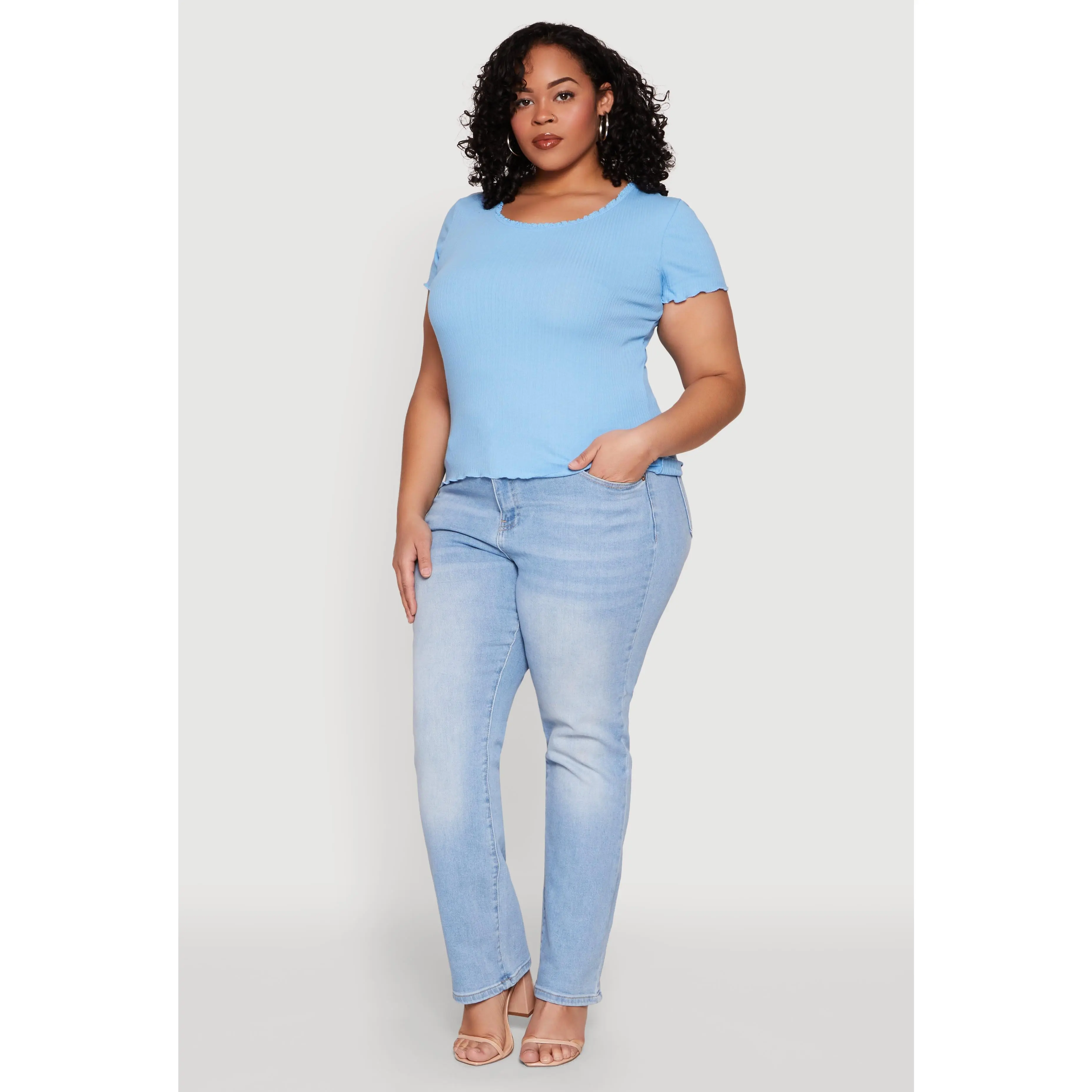 Plus Size Ribbed Lace Detail Lettuce Edge Top