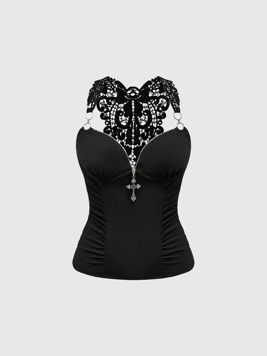OFFGIRD x Goth Spring/Summer Valentine's Day Black Y2K Vintage Elegant Cross Collar Lace Patchwork Backless Camisole