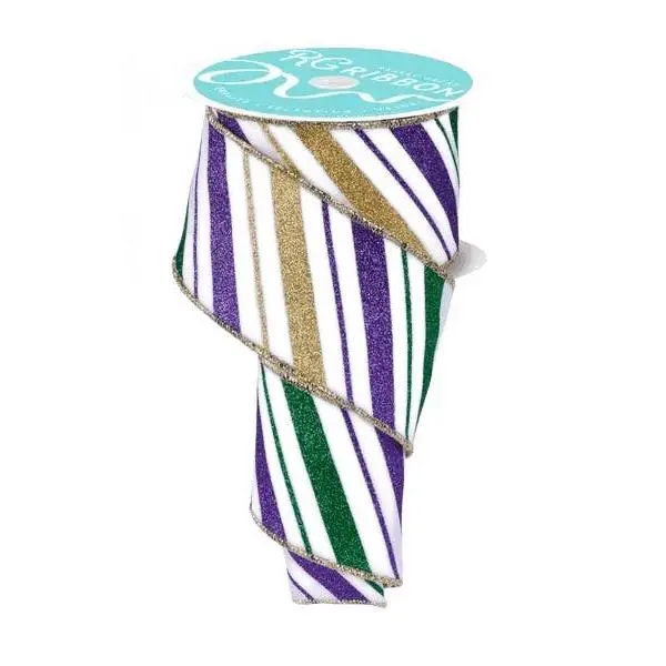 2.5" x 10yd Multi Diagonal Stripe Ribbon – White/Mardi Gras