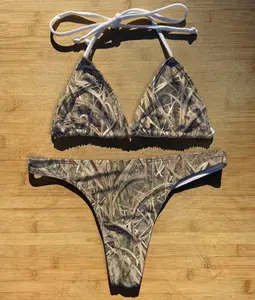 Swimwear Bikini 2 Piece Set | Shadow Grass Blades Camouflage | Thong Cheeky Full Coverage | Triangle String Tie Top Bathing Suit | camo duck