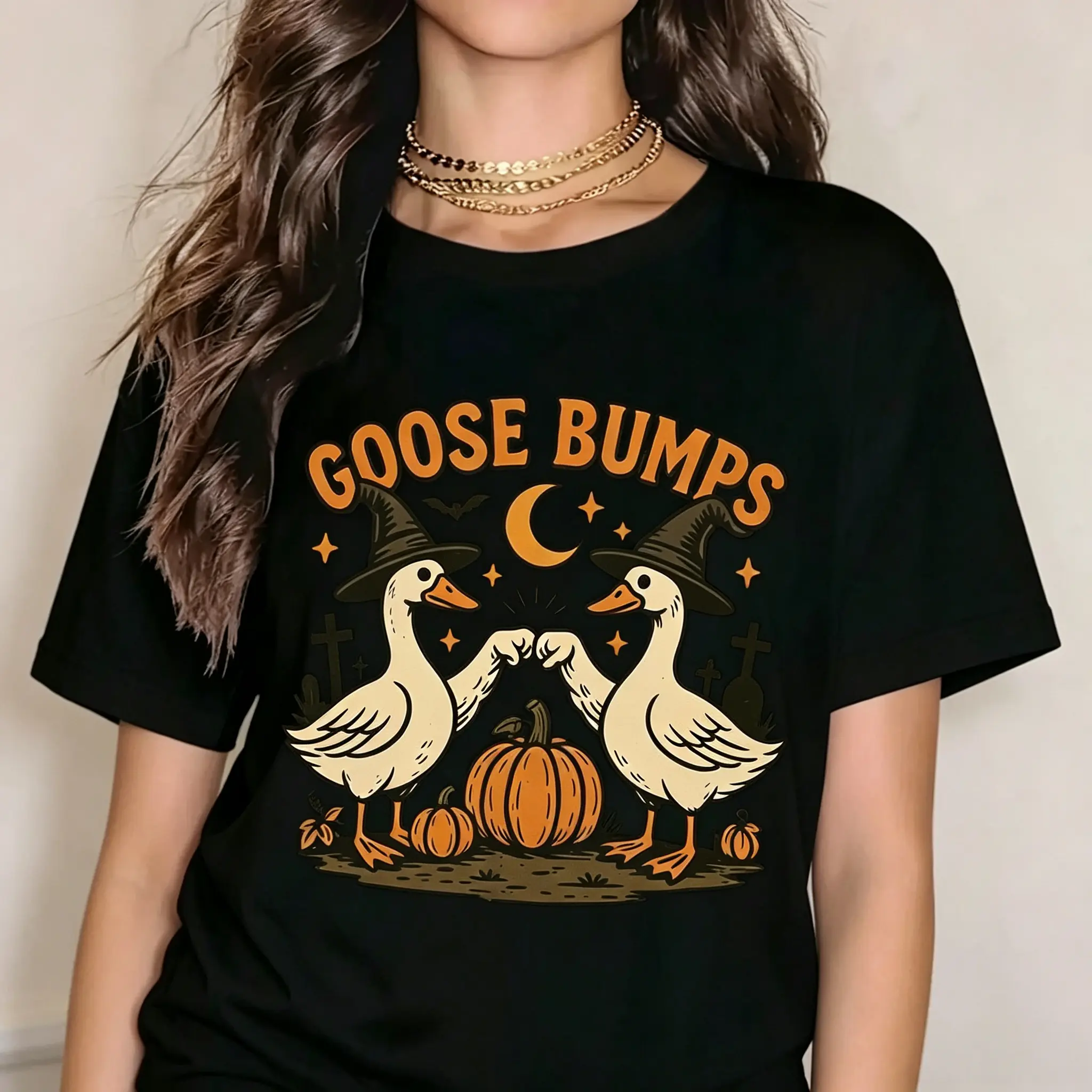 Goose Bumps Halloween T-Shirt, Witch Goose Clipart, Cute Goose Halloween Design, Fist Bump Geese Sublimation, Fall Pumpkin Goose T-Shirt