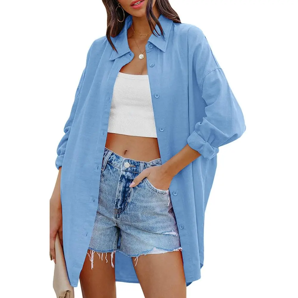 Imily Bela Womens Oversized Button Down Shirts Casual Loose Long Sleeve Solid Lapel Long Blouses Tops with Pockets