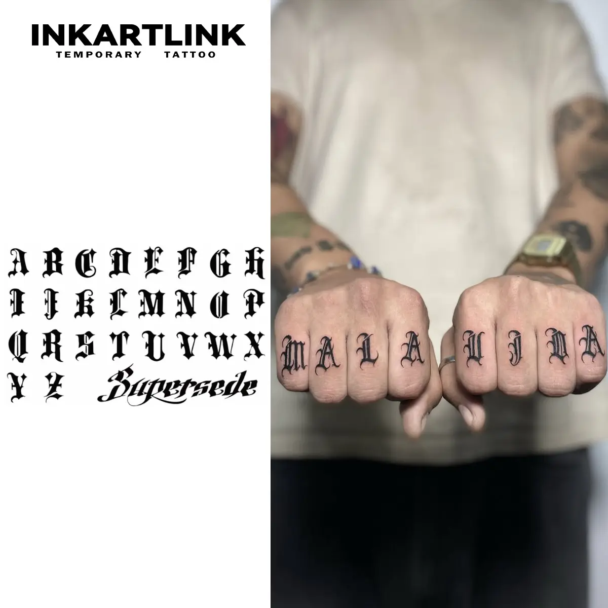 INKARTLINK 2-Piece Gothic Alphabet Semi-Permanent Waterproof Long-Lasting Arm Tattoos for Parties, Adults, All Skin - Beauty & Personal Care Tattoo Art with Inked Aesthetic