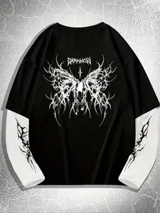 Gothic Style Graphic Print Long Sleeve T-Shirt, Unisex Casual Fitted Spider Pattern, Fall & Winter Streetwear, Black Friday,Couples