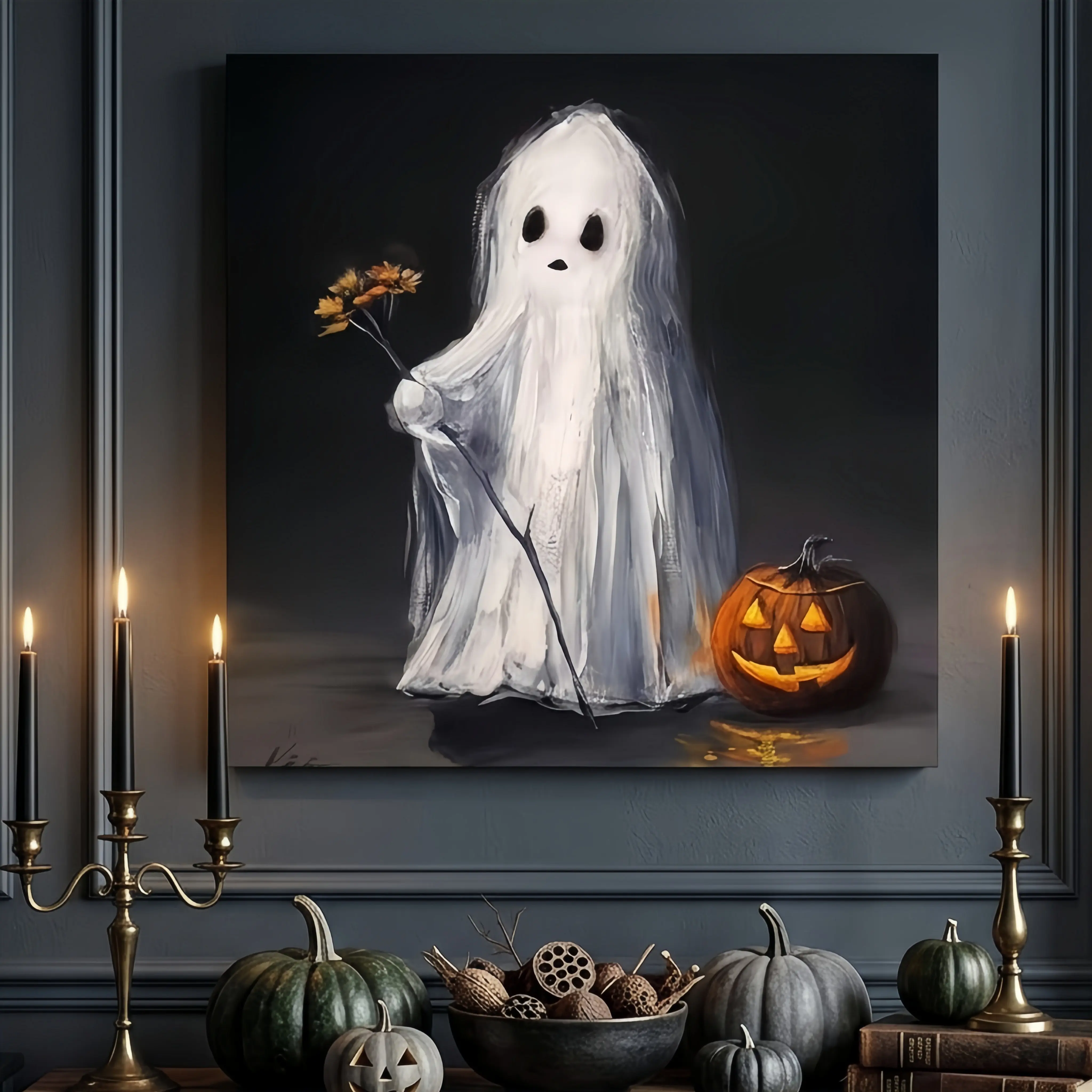 Vintage Oil Painting Canvas Wall Art - Cute Ghost With Pumpkin Unframed Print, Dark Academia Bedroom Fall Halloween Home Decor Poster farmhouse minimalist