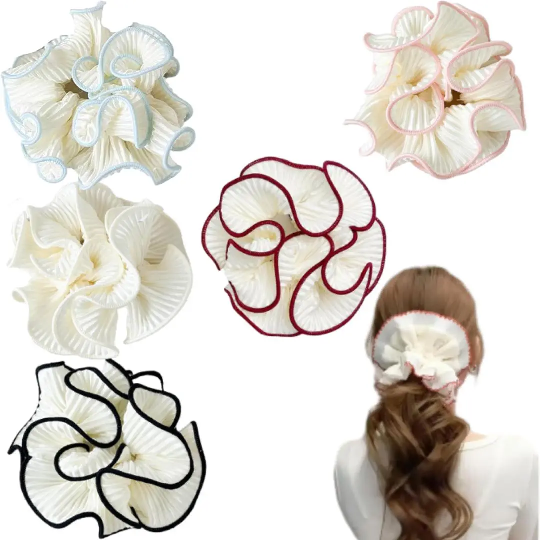5-piece set of oversized fluffy headbands, 4.72-inch double-layer pleated design, white with colored trim, oversized bun and ponytail headband, with a dense appearance