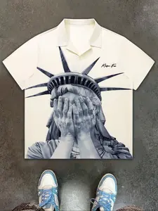 Men's Regular Fit Statue Of Liberty Print Short Sleeve Polo Shirt, Casual Fashion Comfy Top for Summer, Men's Clothes for Daily Wear, Tropical, Casual Design