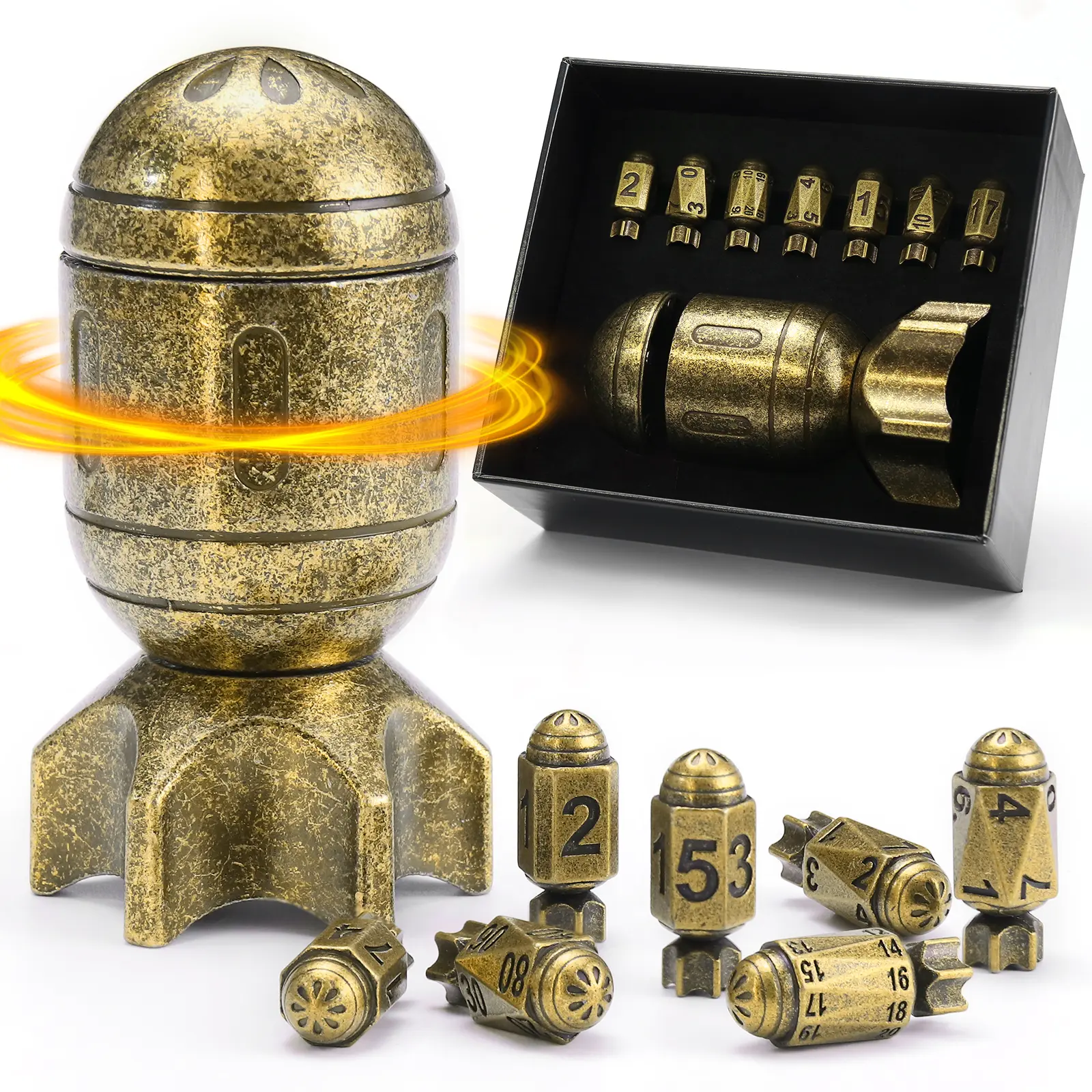ZHOORQI Durable Metallic Spinning Missile Polyhedral Dice Set with Storage Tray and Dice Box, Premium Full Set for D&D, RPG Tabletop Games - Ideal for RPG Enthusiasts
