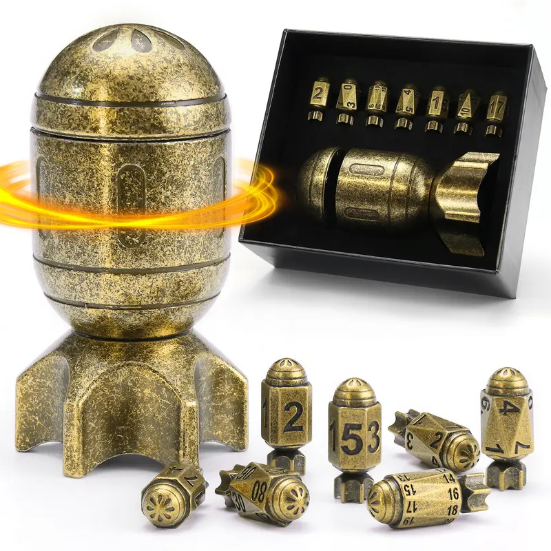 7-Piece Metallic Bullet Dice Set with 360° Spinning Dice Box & Missile, Balanced & Easy-to-Read Numbers for DND Lovers, Game Use, 12 Years Above Christmas/Birthday Gifts