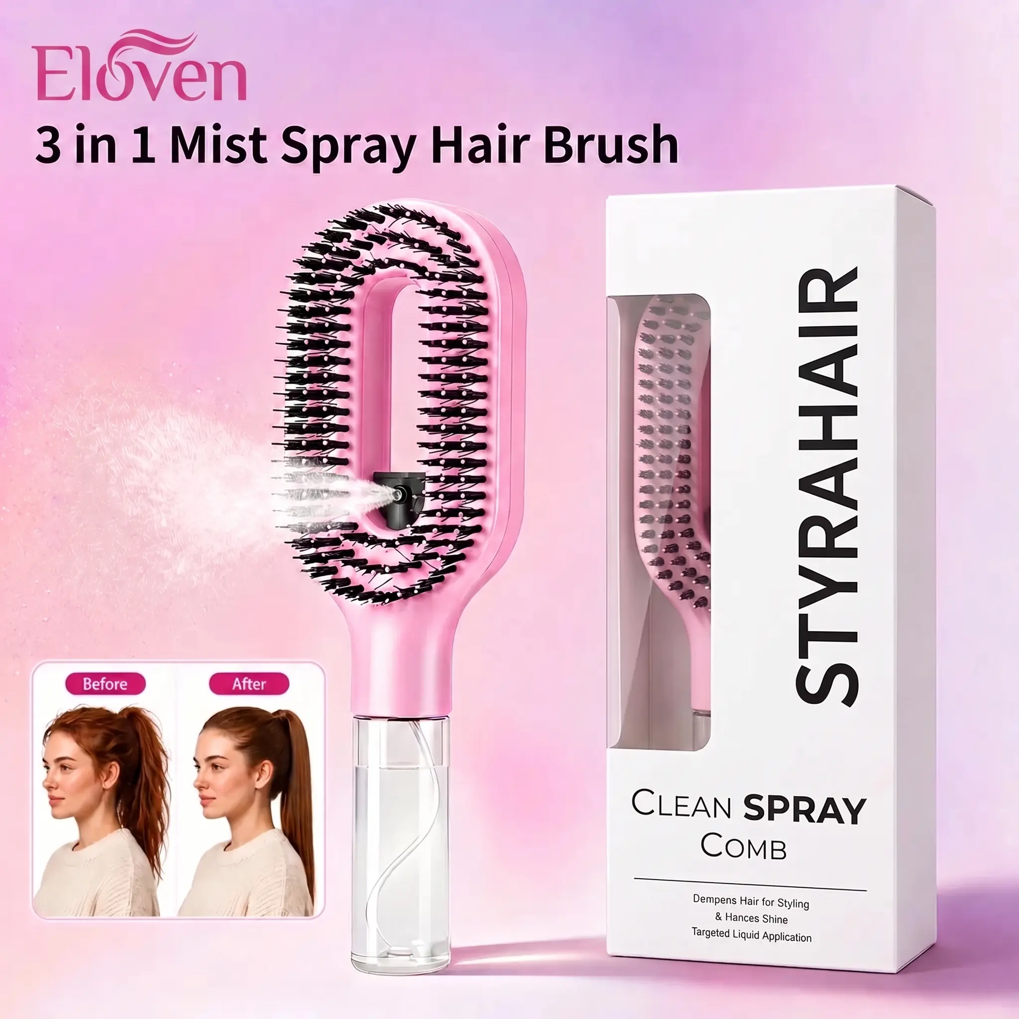 Eloven 3-in-1 Mist Spray Hair Brush - Anti-Frizz Ionic Detangling Comb with Refillable 55ml Water Tank, Dual Bristle Design with Massage Tips for Dry, Curly & Thick Hair, Effortlessly untangle knotted hair