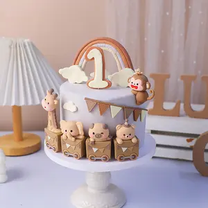 Cute Animal Train Cake Decor Set, 16-Piece Monkey Climbing Cake Topper, Coffee Flag Clouds, Perfect for Birthday Parties