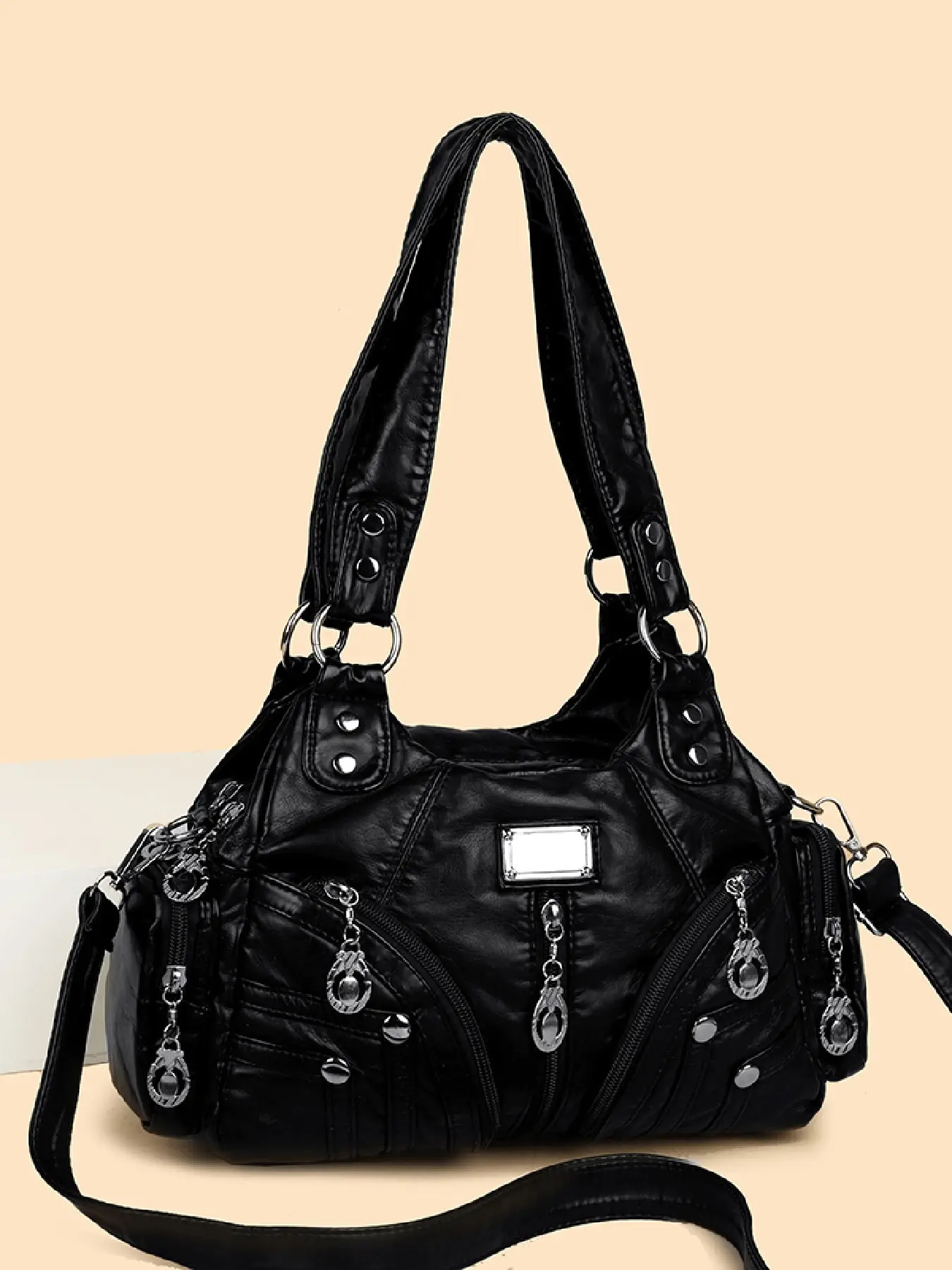 New Vintage Washed Soft Leather Large Capacity Shoulder Crossbody Bag, Colorblock Design, Adjustable Strap, Multifunctional Tote Bag, Fashion Crossbody Purse