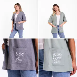 Love in Faith | Waffle Knit Kimono Cardigans - Textured Fabric with Embroidered Patch Pocket - Lightweight & Drapey for Easy Layering - 96% Polyester 4% Spandex