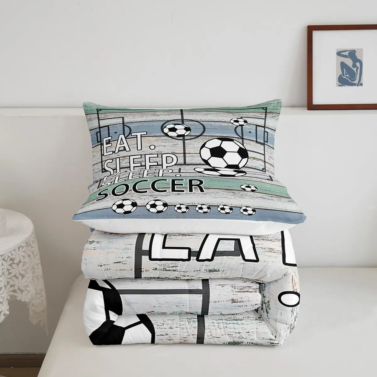 Feelyou Soccer Theme Luxury Bedroom Bedding Set - Teal Blue Wooden-Patterned, Lightweight, Cozy, Breathable Duvet Bed Comforter Quilt Set, Bed Comforter Sets